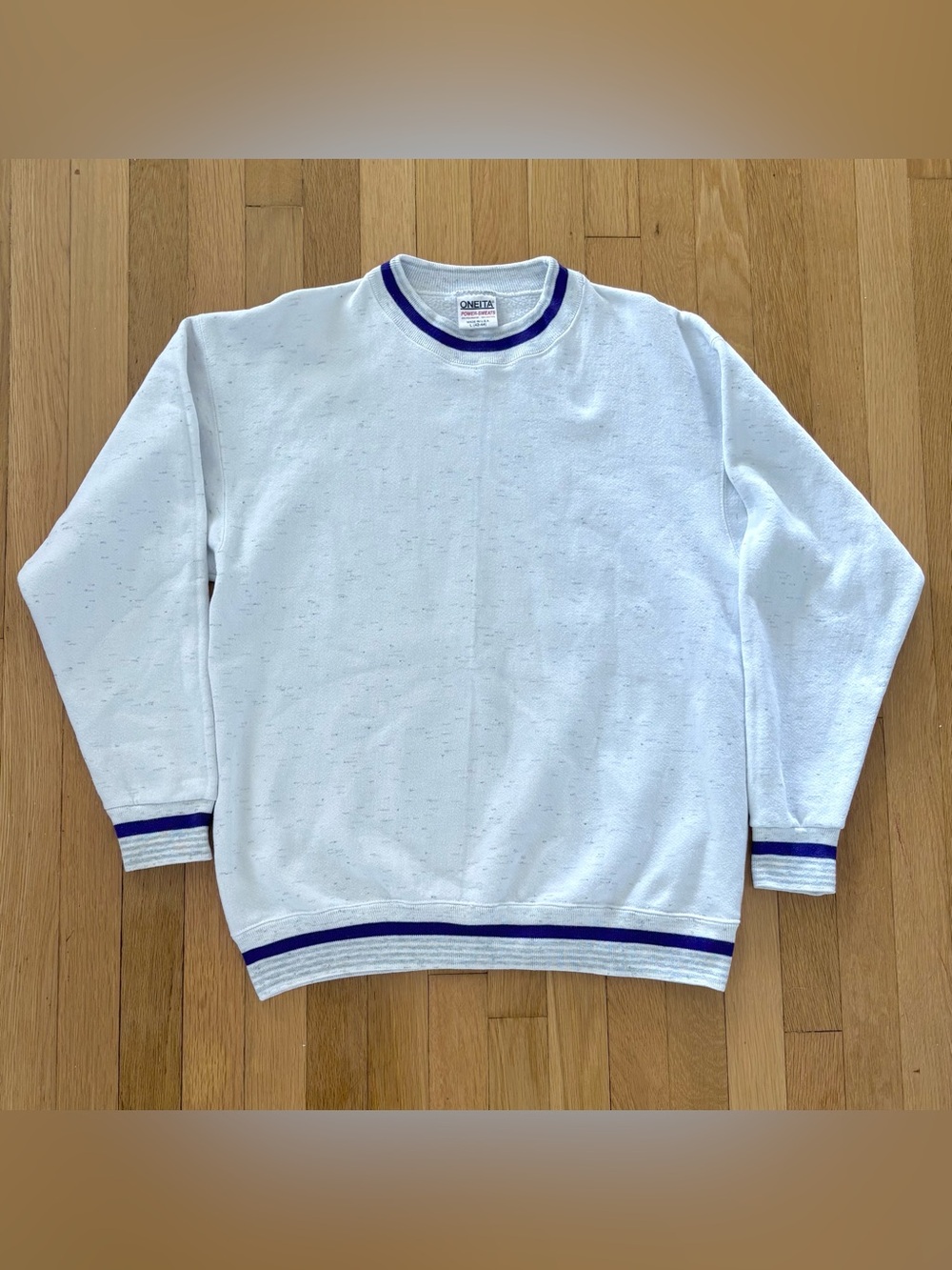 Vtg 90s Oneita Power Sweats Crewneck Sweatshirt Large Ribbed Trim White Blank
